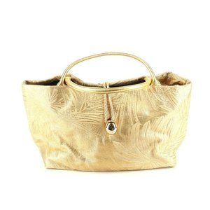 $750 NWOT LARGE BILL BLASS PALM LEAF PRINT METALLIC GOLD TOTE FABRIC LEATHER